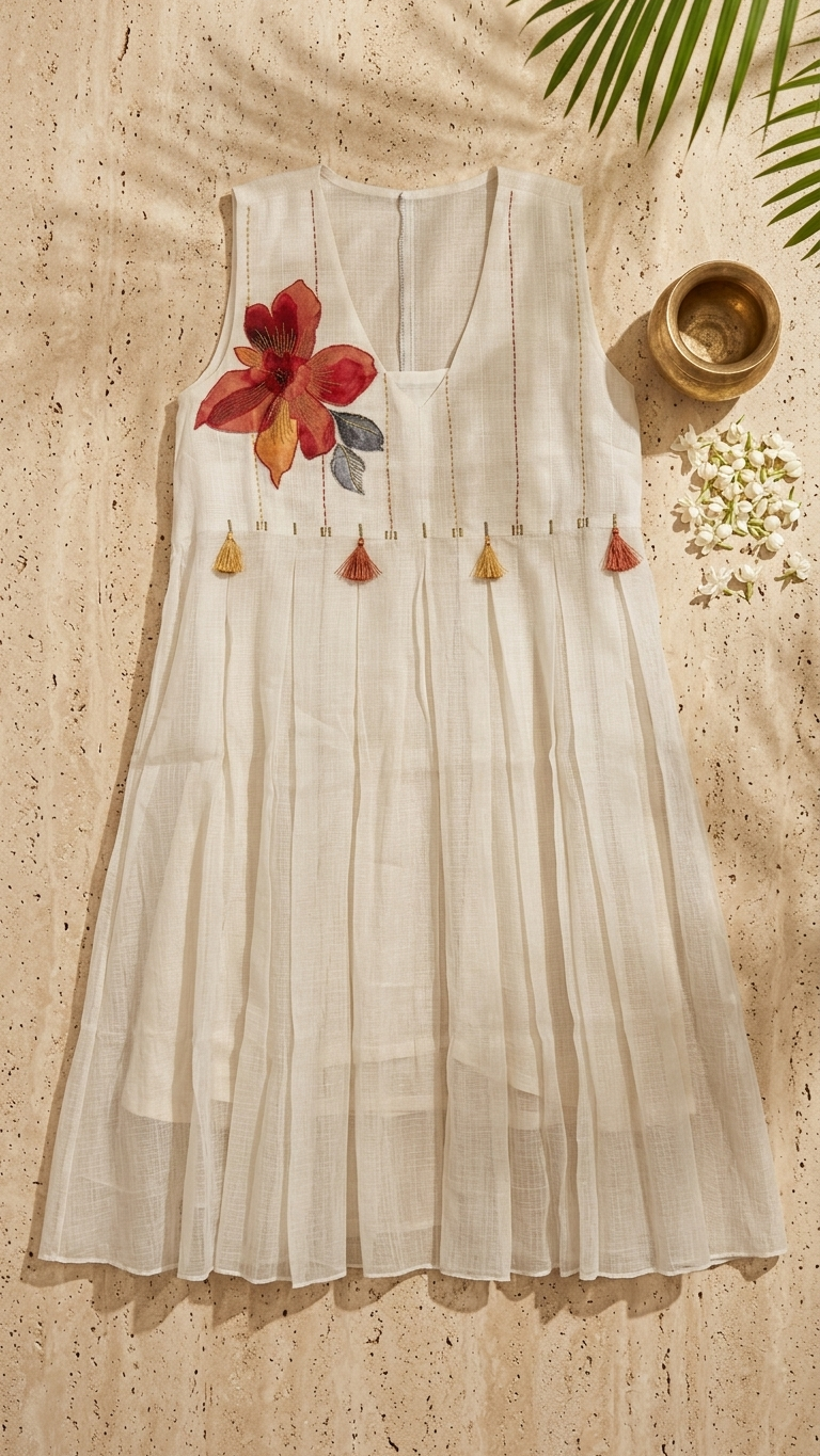 A sleeveless white or off-white dress laid flat on a textured beige surface, decorated with a large red and orange floral motif and small tassel accents on the chest. Palm leaves and a small bowl are placed around it as styling props.