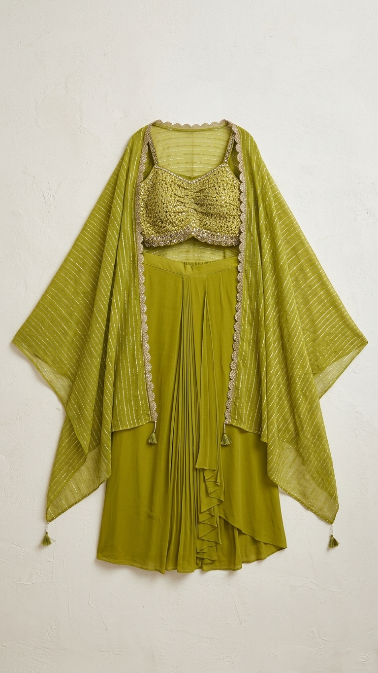 Olive Gold Sequin Cape Skirt Set – Hand Embroidered 3-Piece