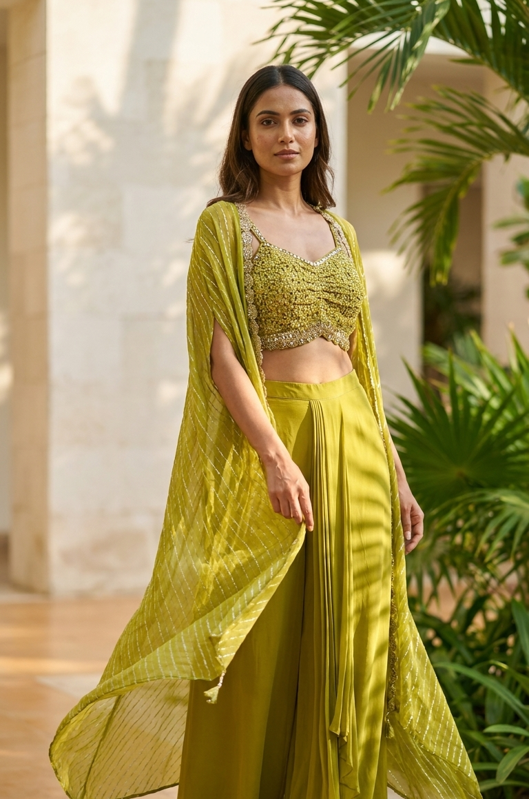 Olive Gold Sequin Cape Skirt Set – Hand Embroidered 3-Piece