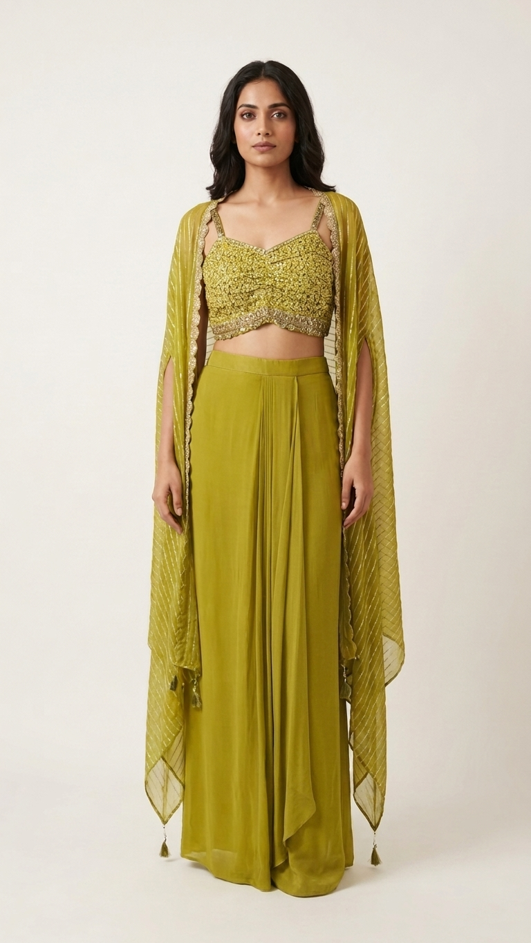 Olive Gold Sequin Cape Skirt Set – Hand Embroidered 3-Piece