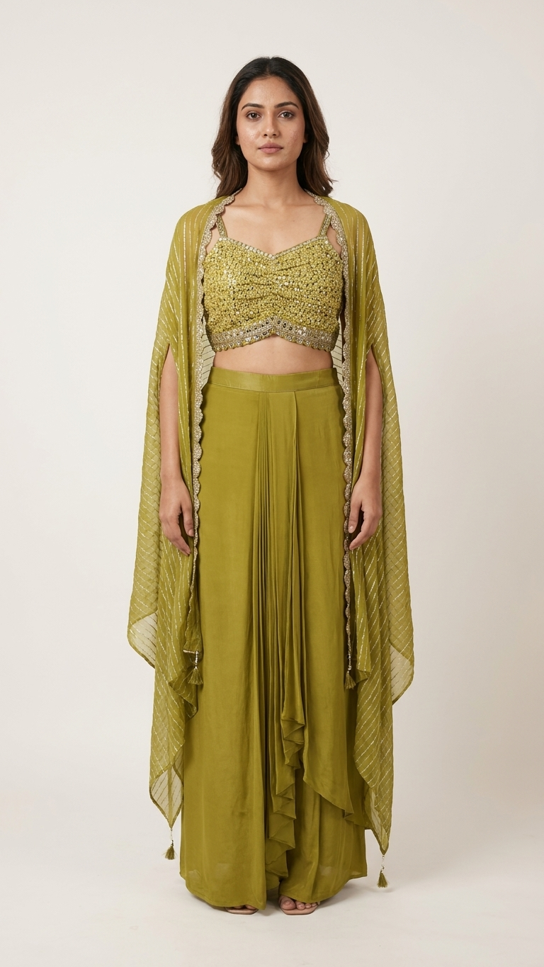 Olive Gold Sequin Cape Skirt Set – Hand Embroidered 3-Piece