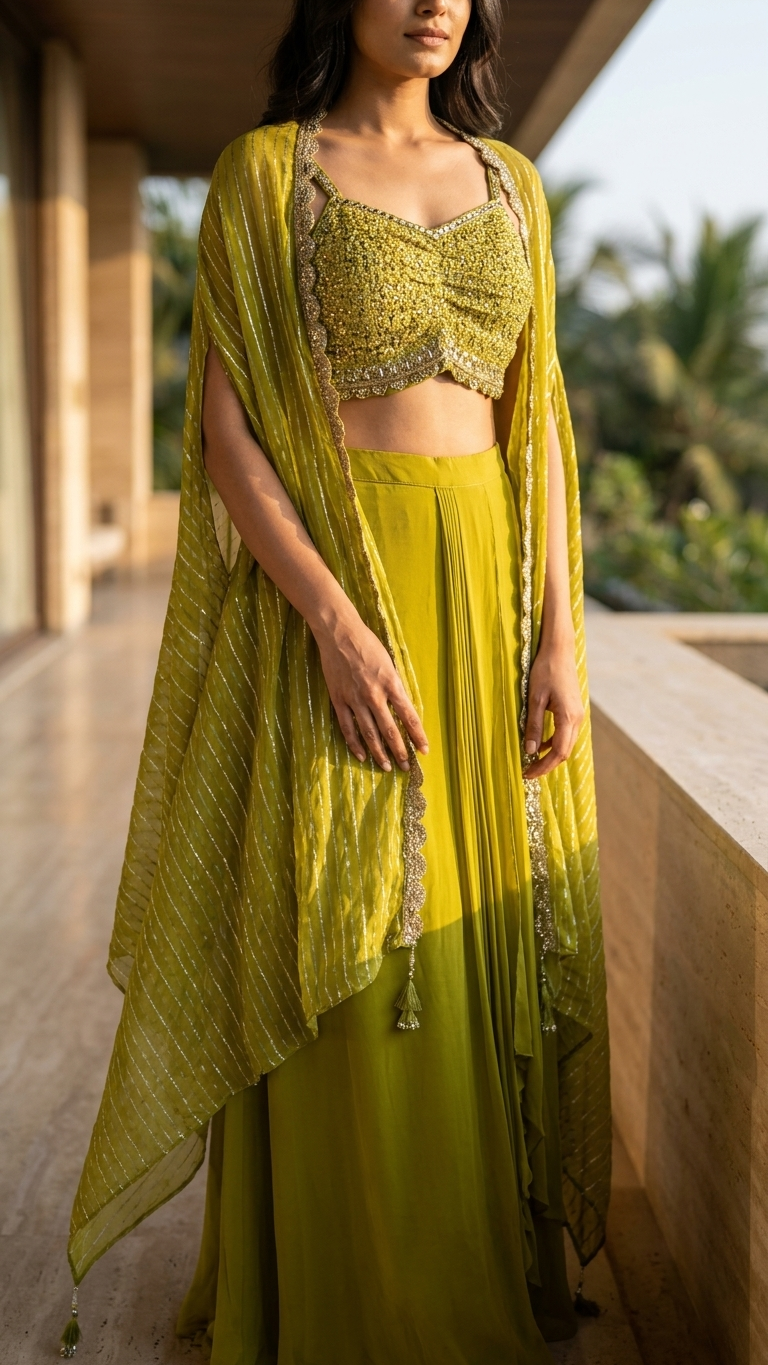Olive Gold Sequin Cape Skirt Set – Hand Embroidered 3-Piece