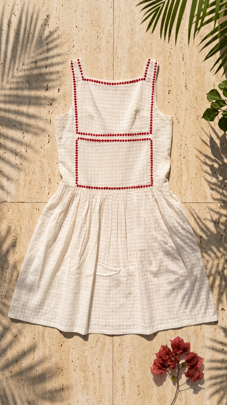 Handblock Printed Cotton Dress with Heart Embroidery | Cream Midi