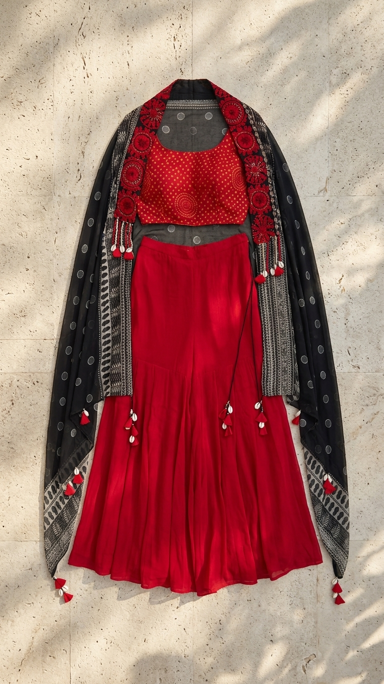 A red and black traditional outfit displayed flat against a textured beige wall with dappled shadows. The ensemble includes a red embroidered crop top, a red pleated skirt, and a black patterned shawl draped over the shoulders.