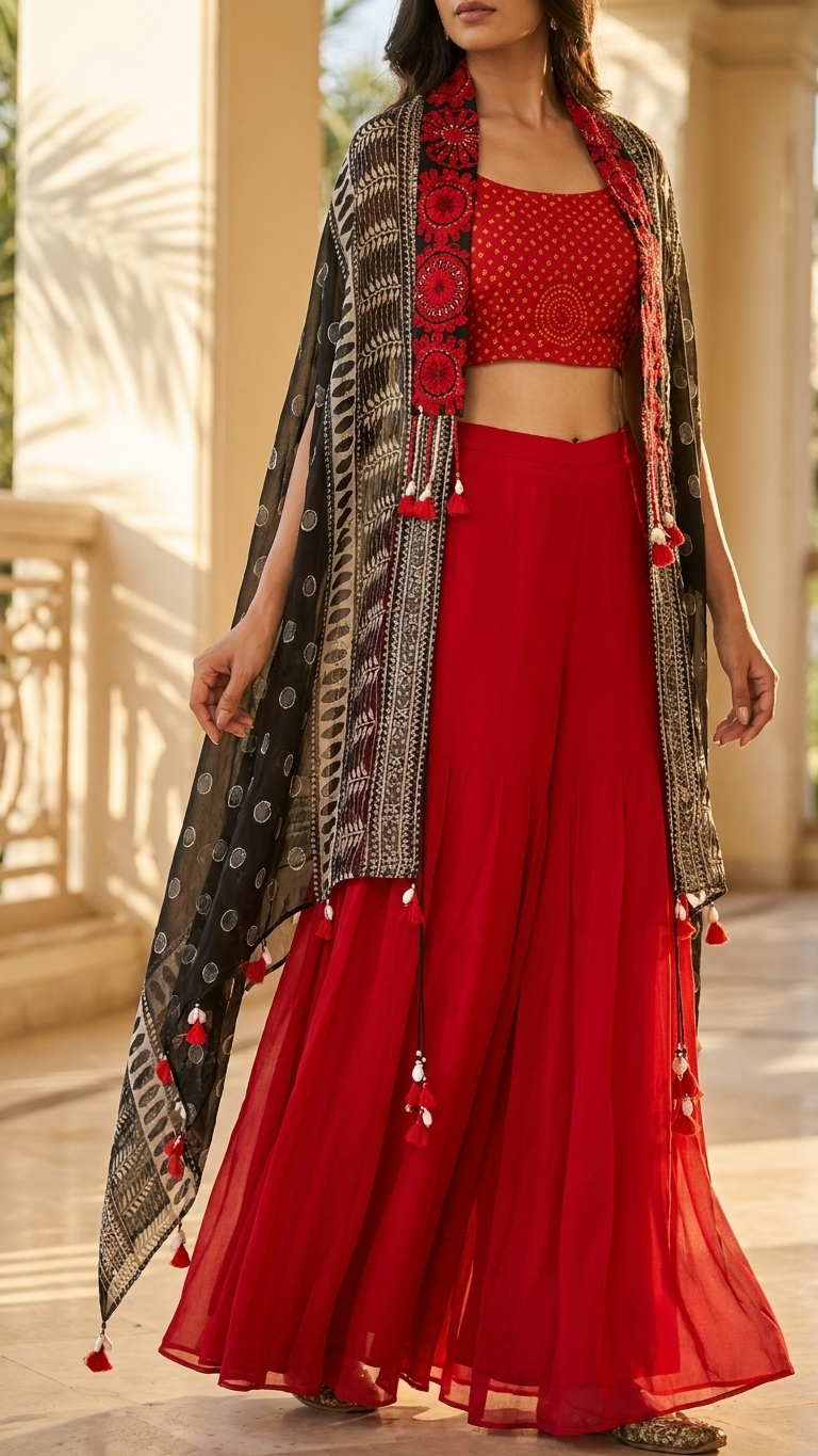A woman models a traditional Indian outfit featuring a vibrant red crop top and wide-leg pleated pants, styled with a black and red patterned shawl draped over her shoulders.