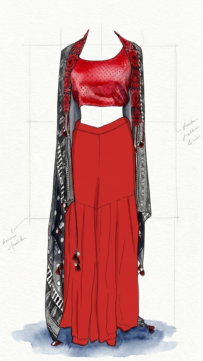 Fashion illustration of a traditional outfit featuring a red crop top with black patterned sleeves, a white waistband, and matching red wide-leg pants, with a black and red patterned shawl draped over the shoulders, on a white sketch background.