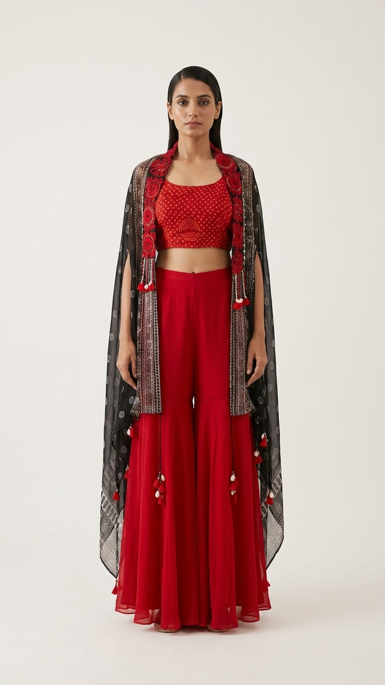 A model stands against a plain light gray studio background wearing a traditional outfit consisting of a red embroidered crop top, matching red wide-leg pants, and a sheer black patterned outer layer with red tassel details.