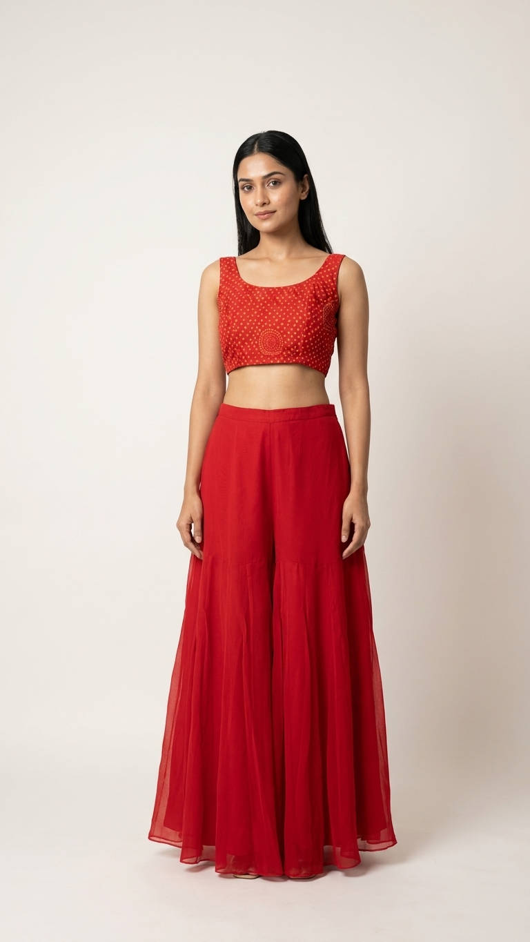 Red Bandhani Crop Top, Sharara Pant & Silk Chiffon Cape Jacket — 3-Piece Set