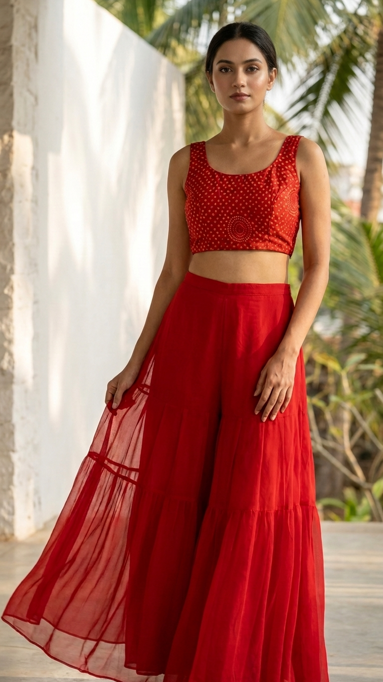 Red Bandhani Crop Top, Sharara Pant & Silk Chiffon Cape Jacket — 3-Piece Set