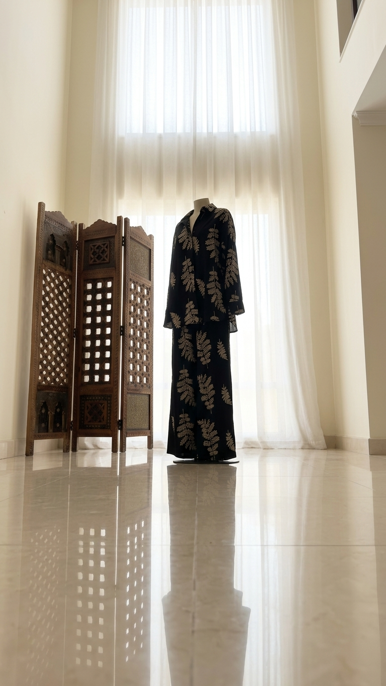 Black co-ord set with golden leaf embroidery, linen+rayon blend.