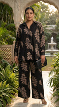 Black co-ord set with golden leaf embroidery, linen+rayon blend.