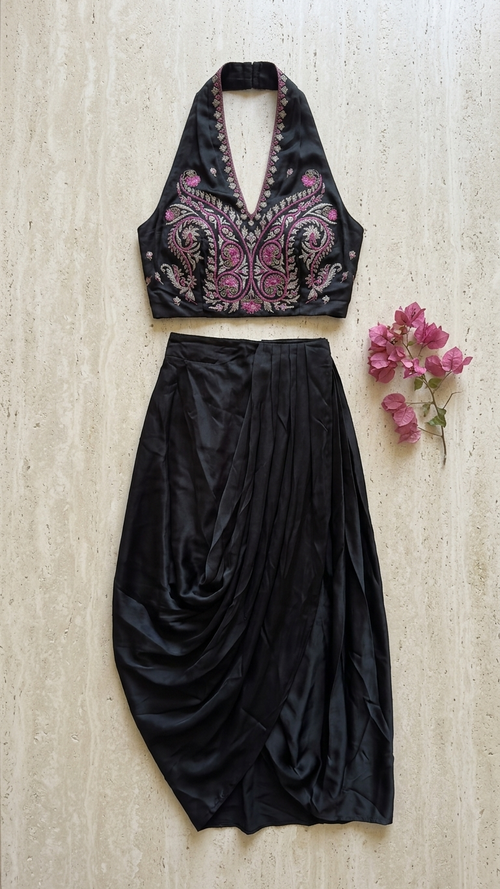 Black Pre-Draped Saree Set with Mukaish Work and  Halter Blouse