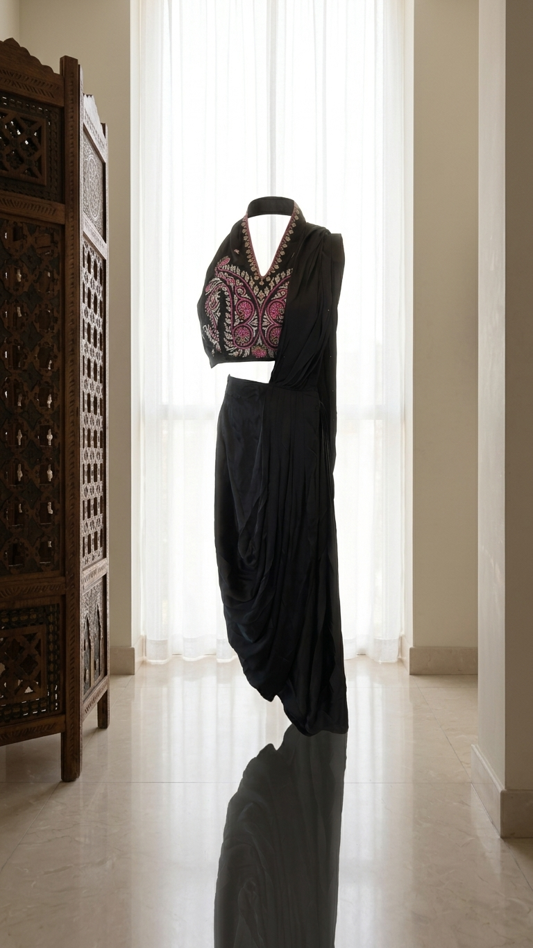 A black draped saree with a heavily embroidered pink, gold, and black halter-style crop top, displayed on a mannequin in a bright room with sheer white curtains and a wooden screen.
