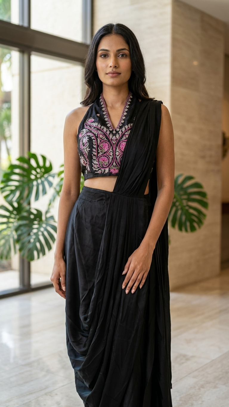 A woman modeling a black draped saree  with a sleeveless, heavily embroidered halter-style crop top. The top features intricate pink, purple, and gold embroidery on a black base.