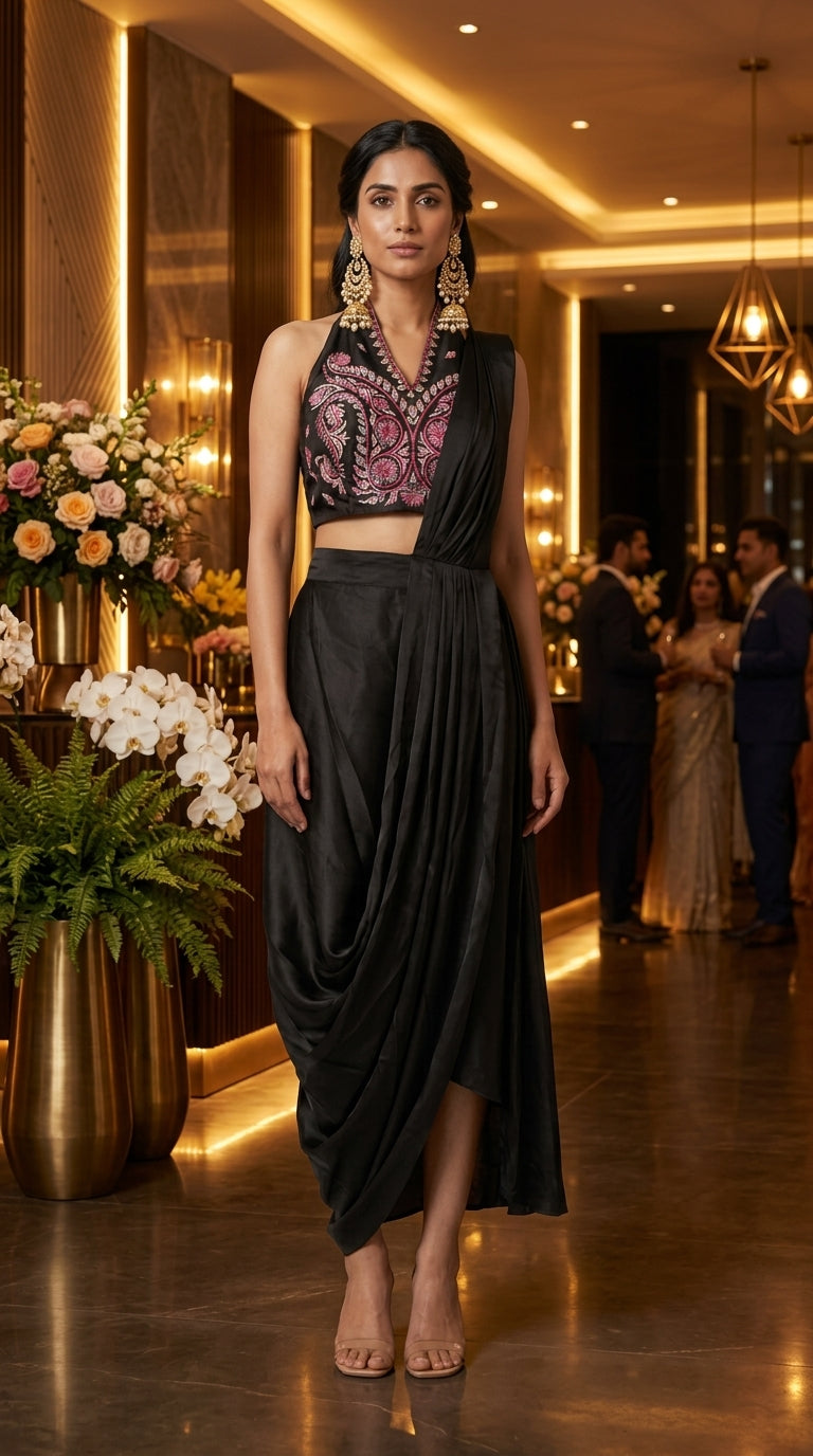 A woman models a sleeveless black evening pre draped saree with a heavily embroidered pink and gold halter crop top in a warmly lit indoor event space.