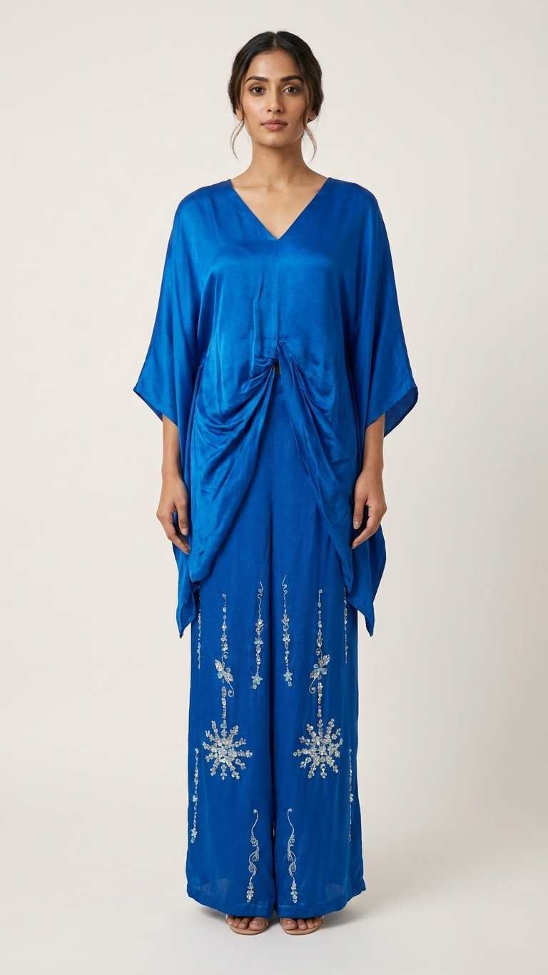 Cobalt Blue Kaftan Co-ord Set | Sequin Embroidered Pants – Luxmee Global