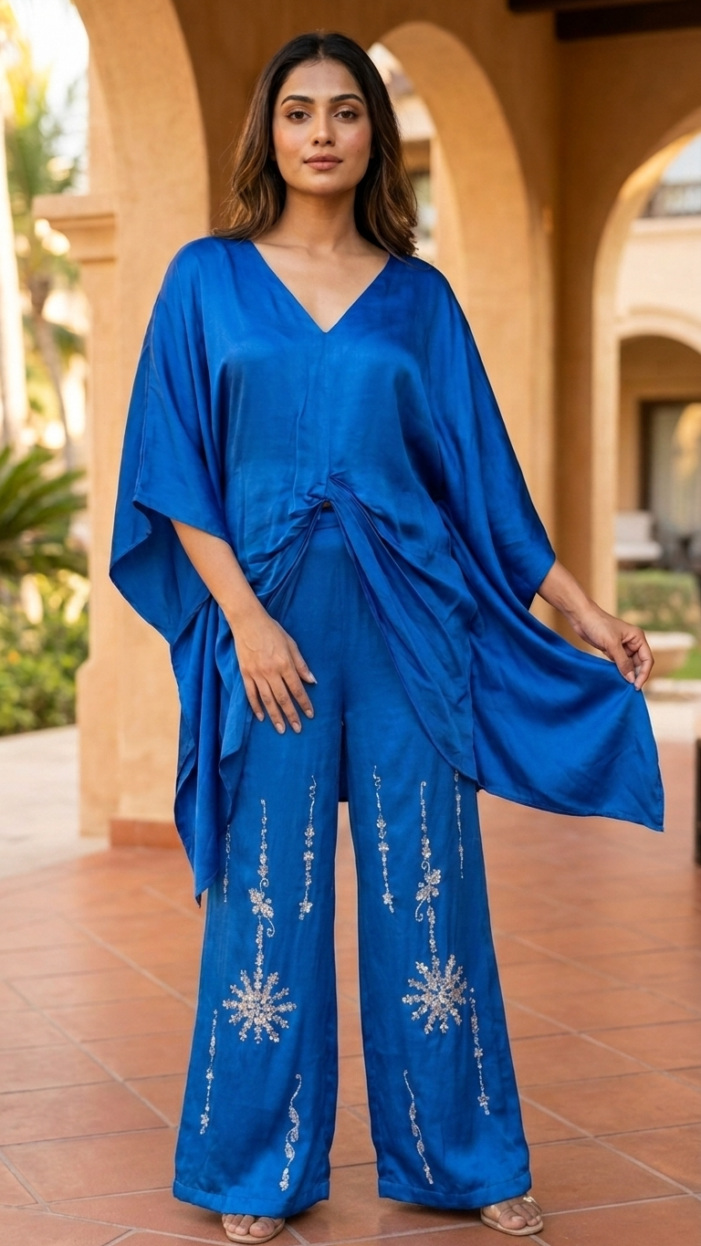 Cobalt Blue Kaftan Co-ord Set | Sequin Embroidered Pants – Luxmee Global