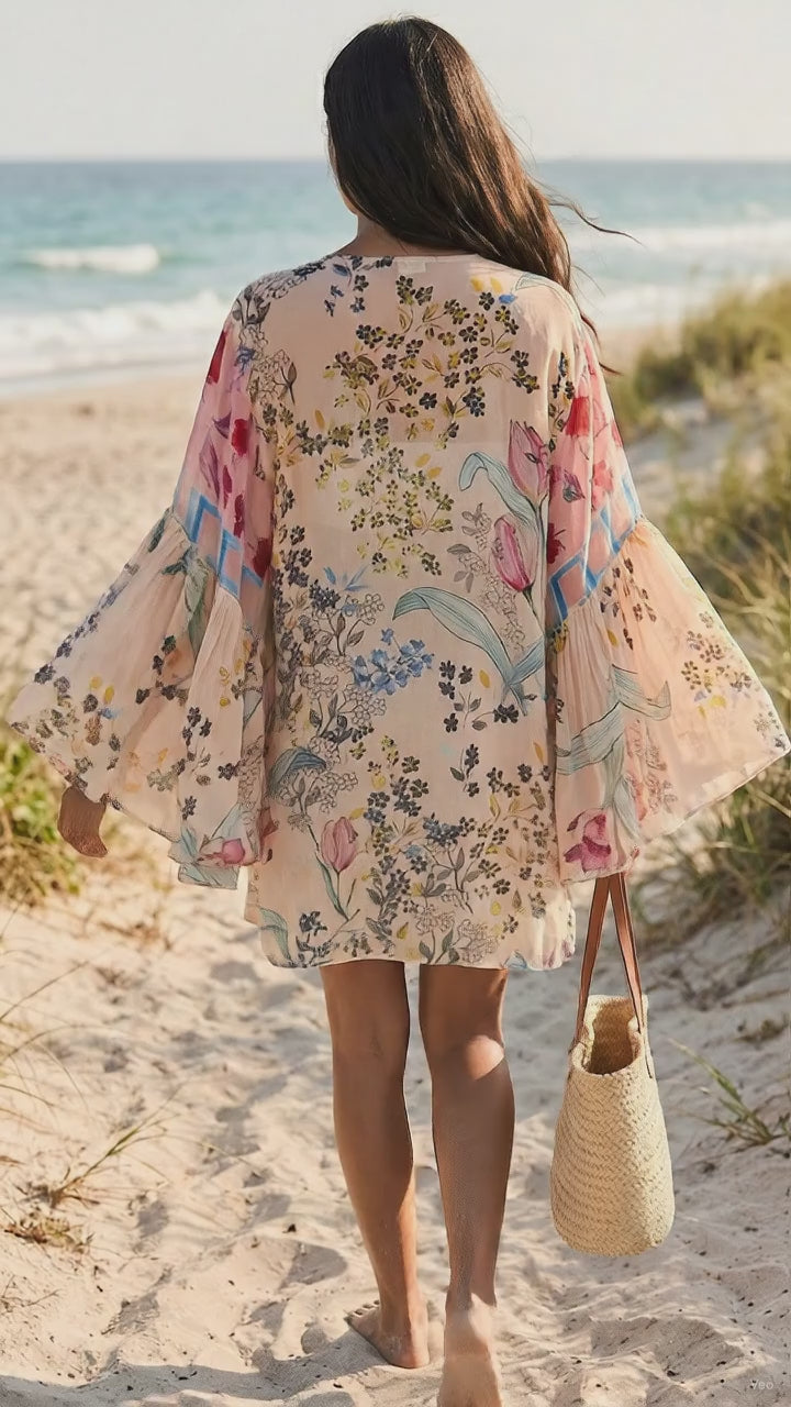 Blush Botanical Kimono — Floral Print Viscose Chiffon Cover-Up