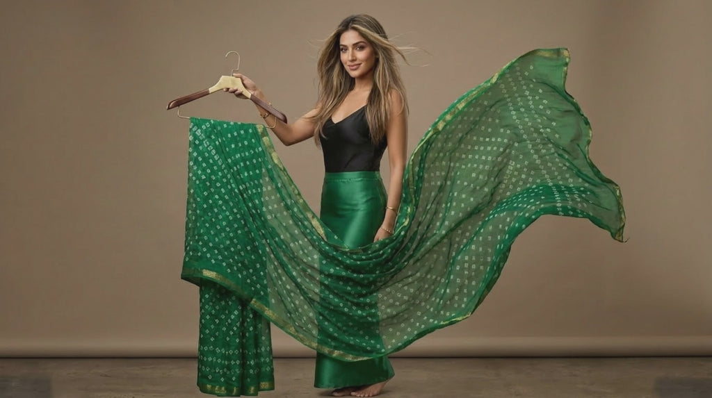 Green Bandhani Viscose Silk Saree with Blouse Piece | Traditional Tie-Dye Saree | Festive & Wedding Wear