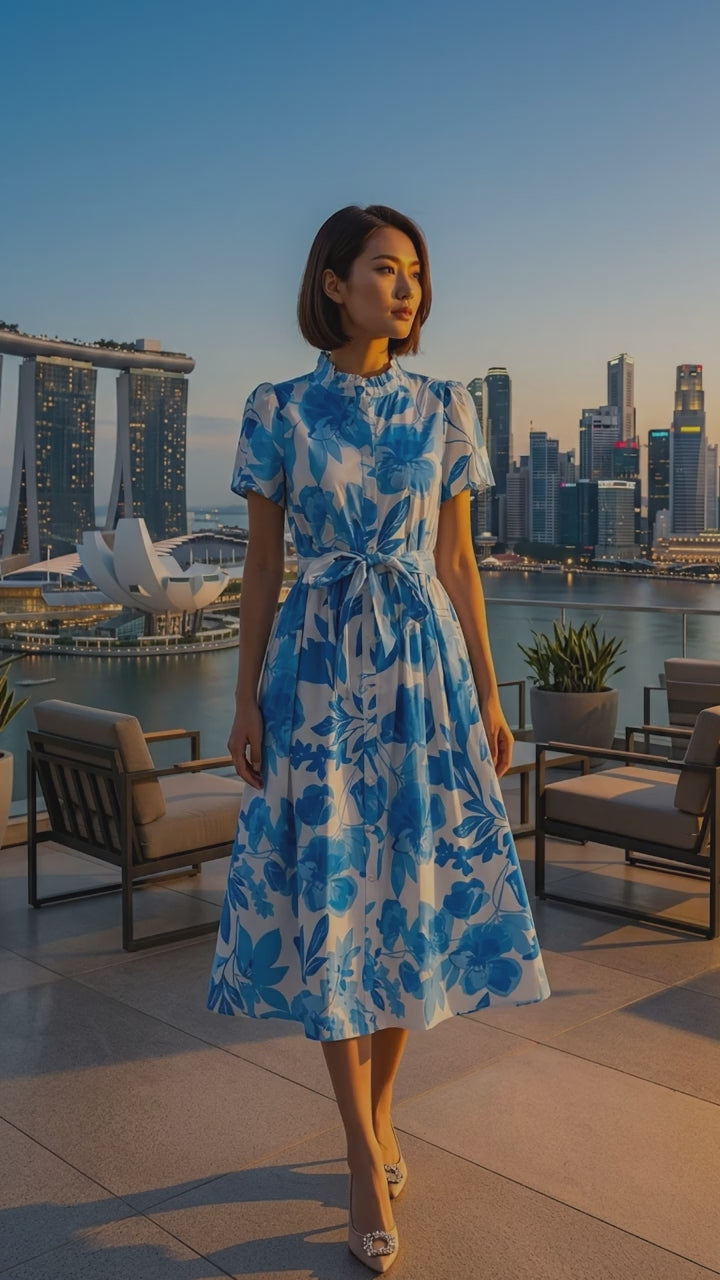 Cobalt Blue Floral Poplin Midi Dress — Ruffle Neck, Belted A-Line, Cotton Lined