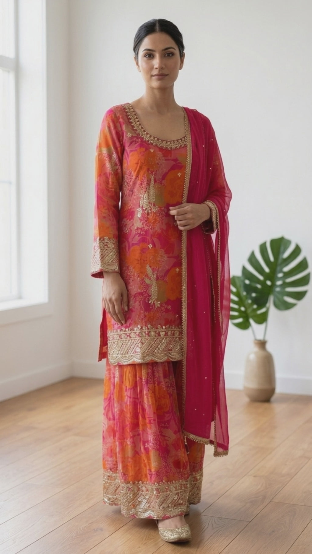 Pink Orange Floral Embroidered 3-Piece Sharara Set, Size 2XL