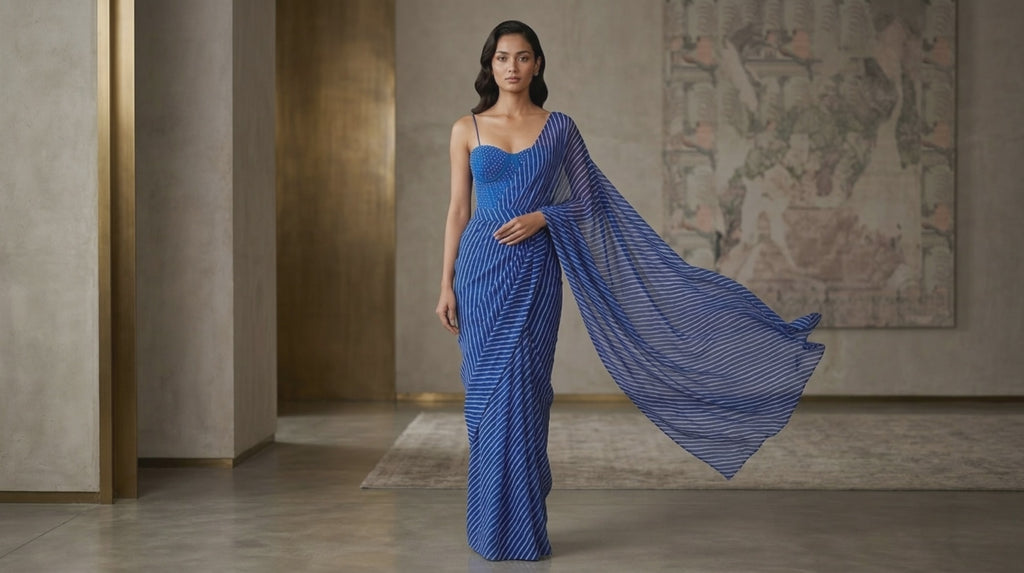 Royal Blue Leheriya Print Viscose Chiffon Saree with Corset Bodysuit Blouse | Indo-Western Saree