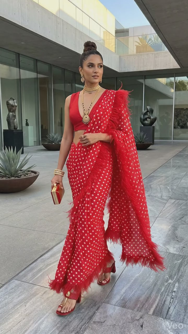 Red Polka Dot Feather Trim Saree