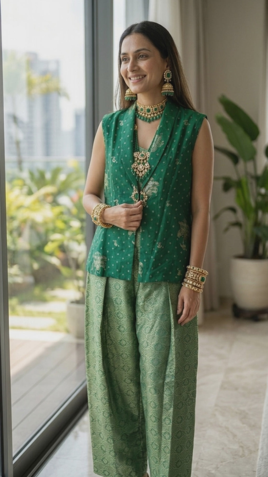 Emerald Banarasi 3-Piece Indo-Western Set — Vest, Cami & Palazzo
