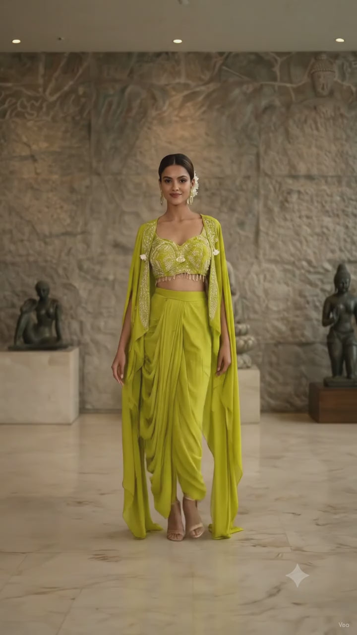 Lime Green 3-Piece Embellished Crop Top, Dhoti Skirt & Cape Set | Indo-Western Party Wear | Vegan Crepe