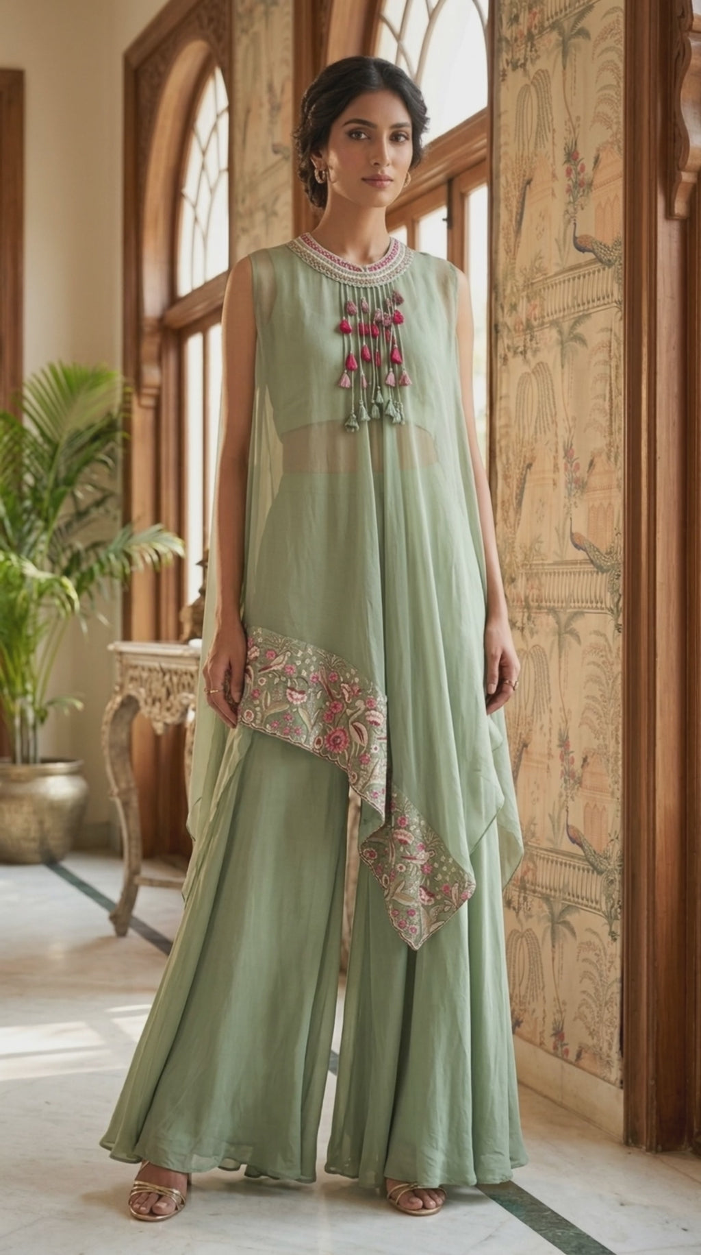 Sage Green Organza 3-Piece Kurta Set with Floral Embroidery – Size 42