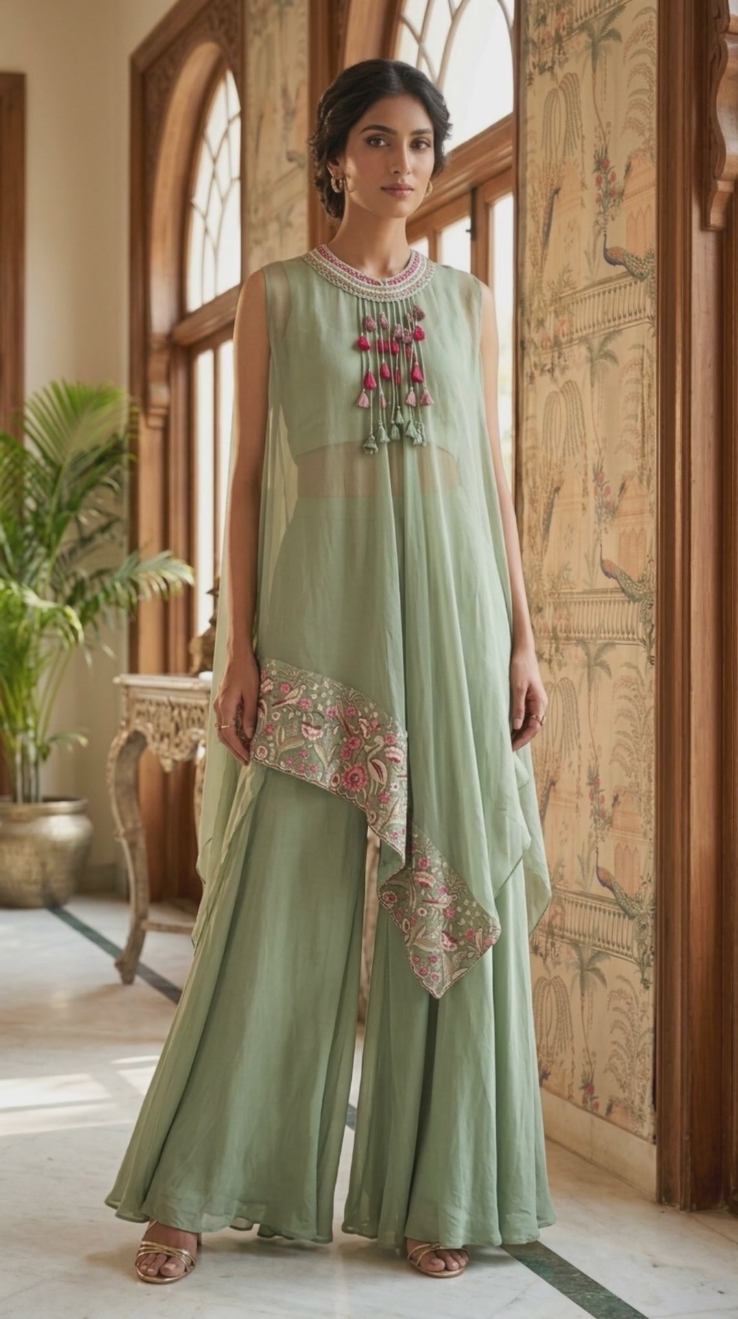 Sage Green Organza 3-Piece Kurta Set with Floral Embroidery – Size 42