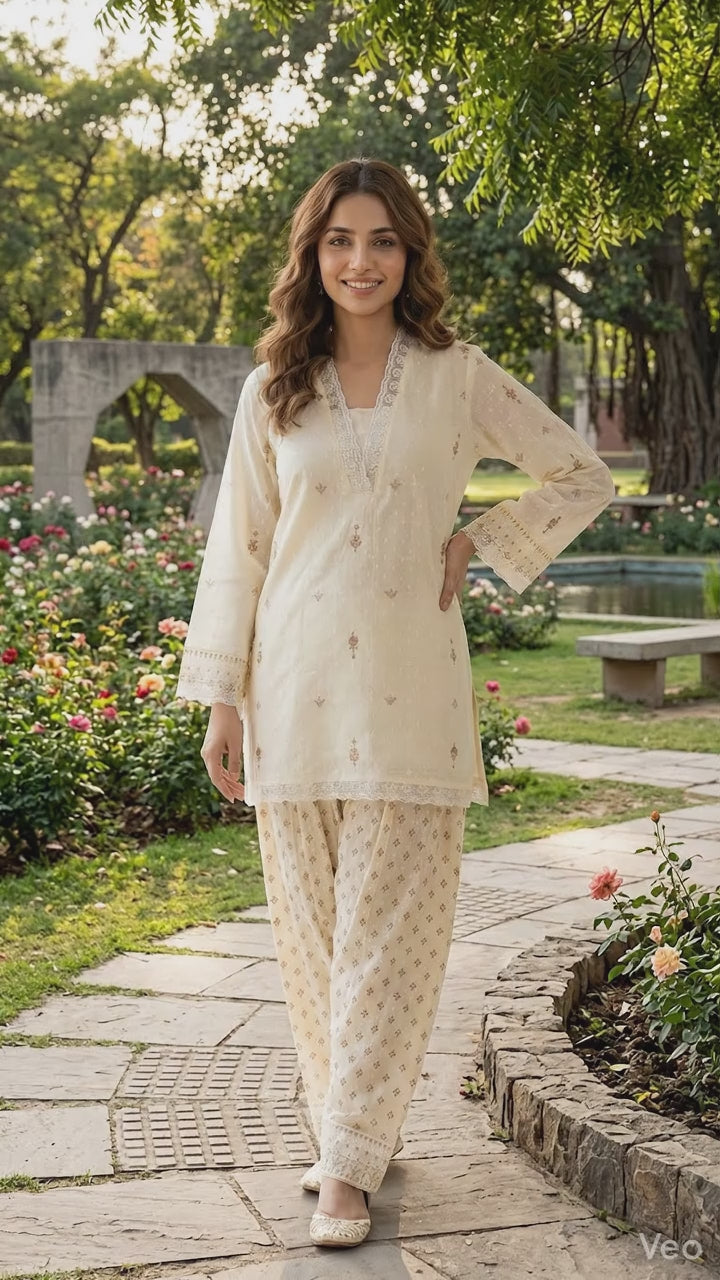 Ivory Cotton Farshi Salwar/Palazzo Co-ord Set |  — Luxmee