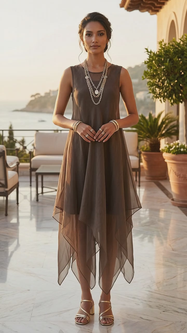 Grey-Brown Silk Kota Doria Handkerchief Hem Dress with Slip