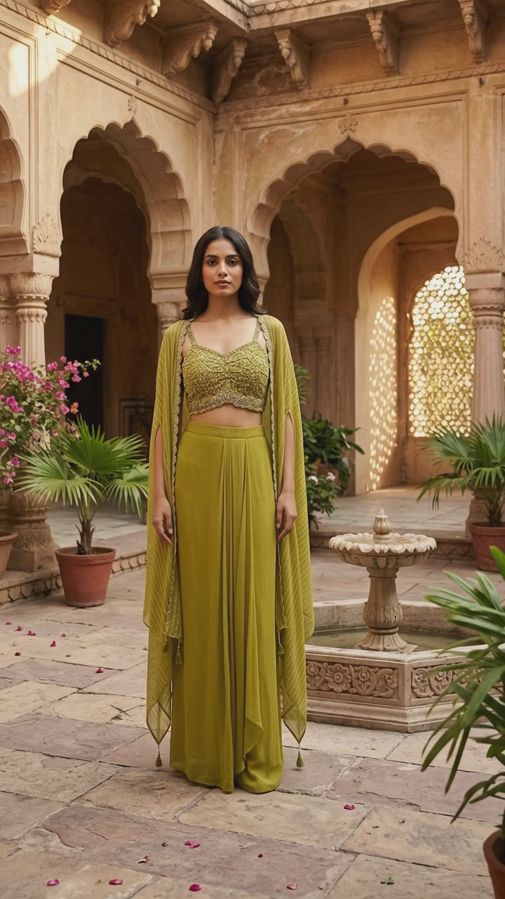Olive Gold Sequin Cape Skirt Set – Hand Embroidered 3-Piece
