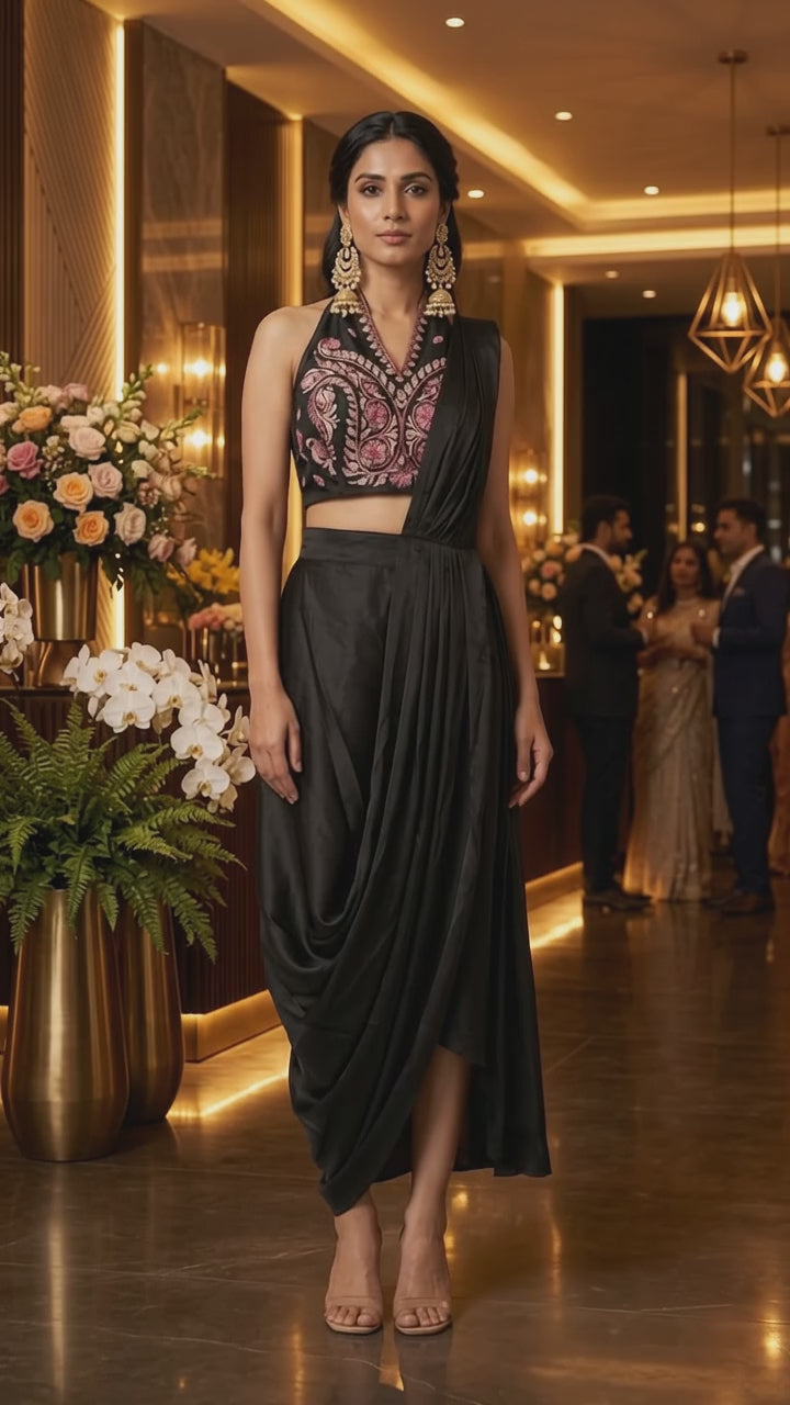 model displaying black draped saree