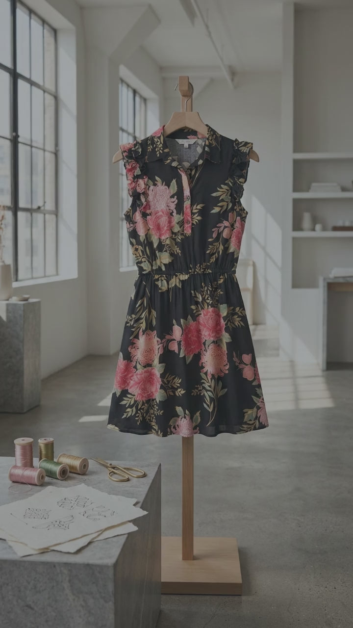 Black Peony Floral Crinkle Dress — Ruffle Shoulder, Elasticated Waist, Mini