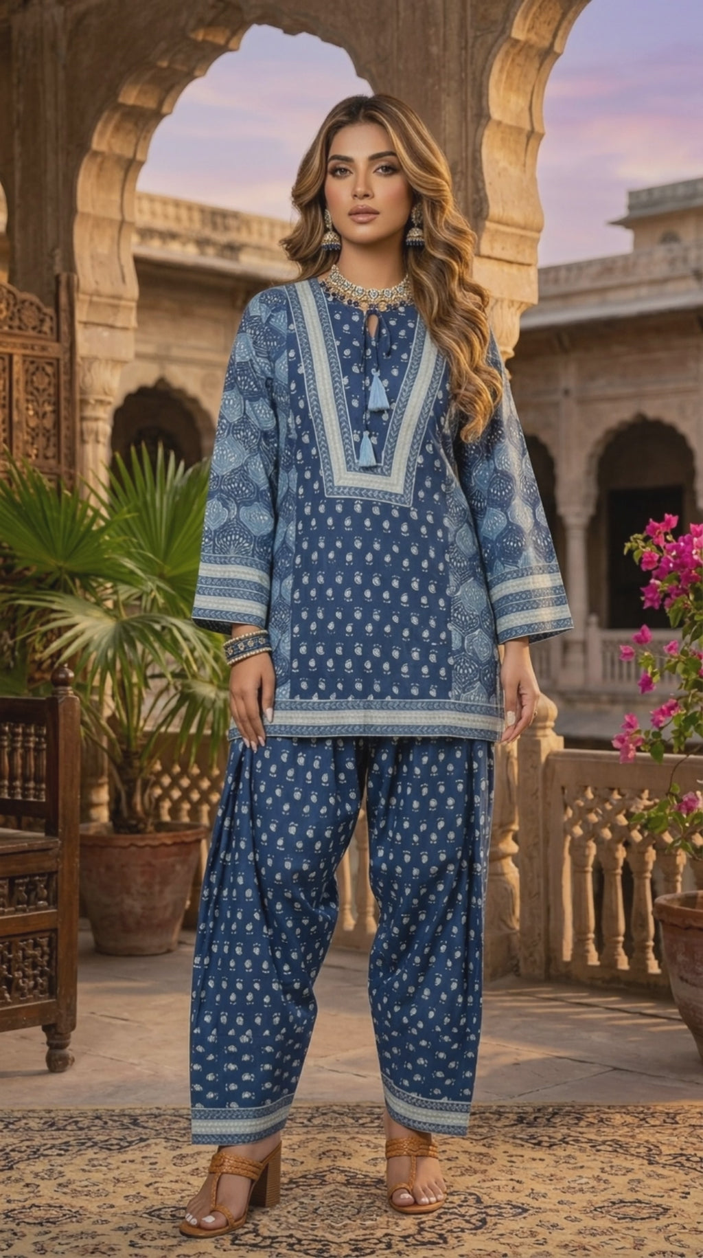 Indigo Printed  Cotton Co-ord Set — Kameez & Farshi Salwar