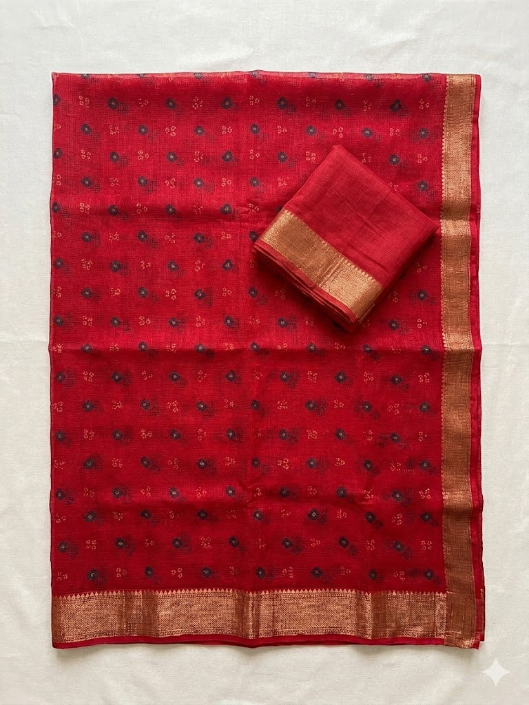 Red Bandhani Kota Saree with Blouse Piece | Sheer Tie-Dye Saree