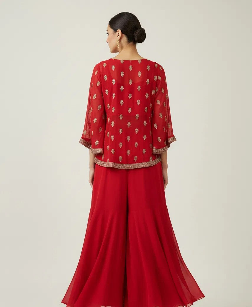 Product Name: Red Embroidered Viscose 3-Piece Jacket Sharara  Set