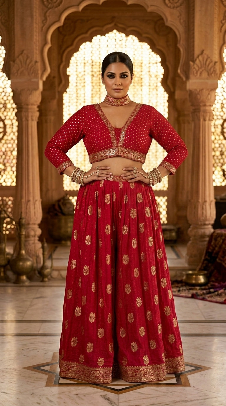 Crimson Gold Sequin Sharara Set with Dupatta —  Size XXL