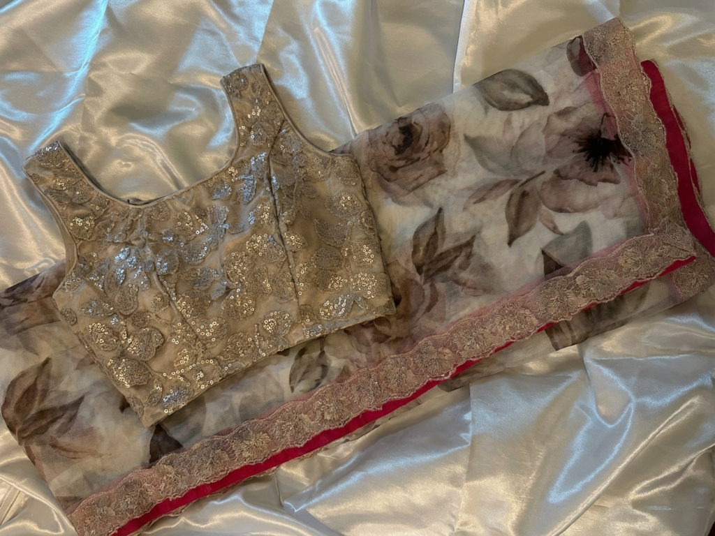 Ivory Rose Print Mesh Saree with Lace Border