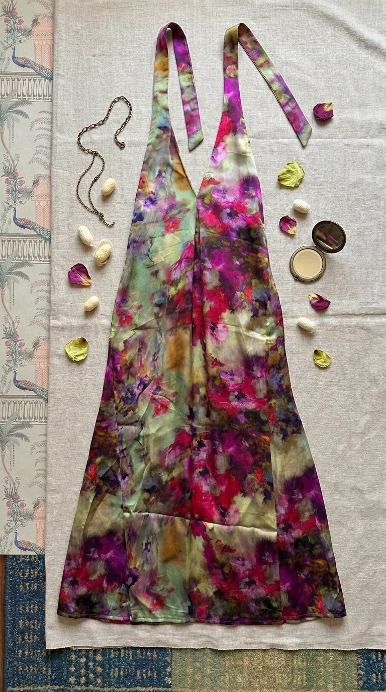 A sleeveless apron with a vibrant multicolor floral and abstract watercolor print, laid flat on a textured beige linen cloth with decorative props.