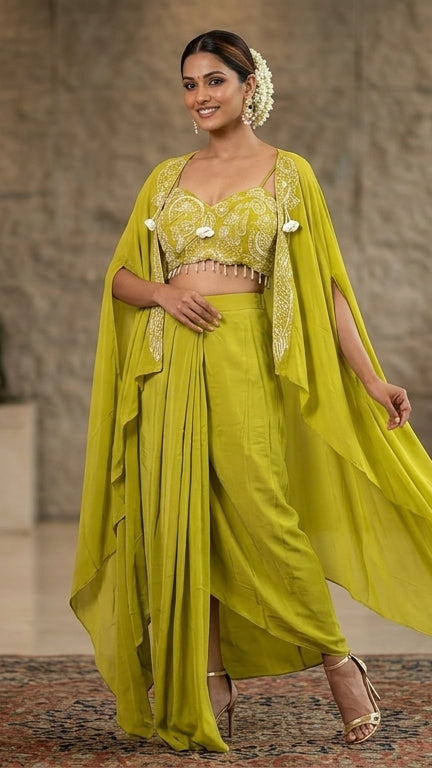 Lime Green 3-Piece Embellished Crop Top, Dhoti Skirt & Cape Set | Indo-Western Party Wear | Vegan Crepe