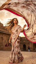 Ivory Rose Print Mesh Saree with Lace Border