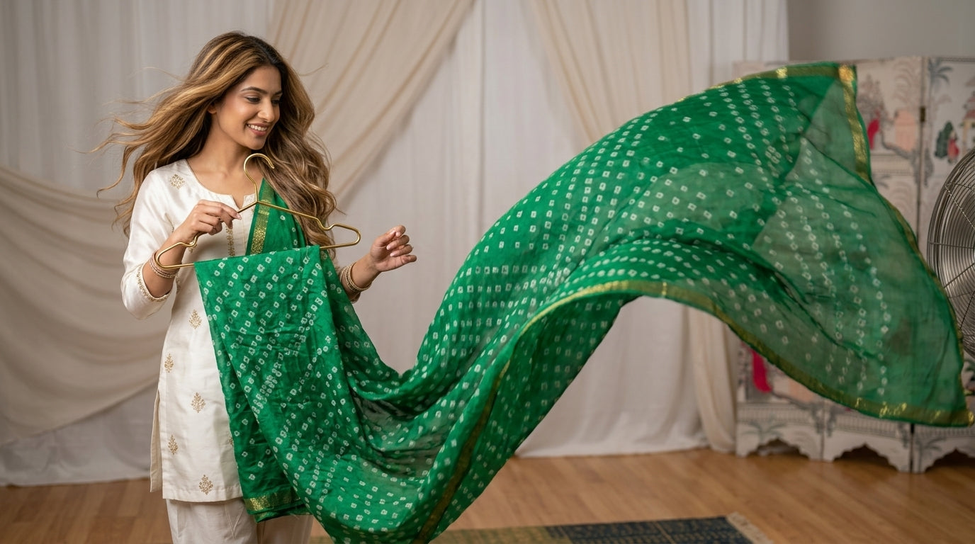 Green Bandhani Viscose Silk Saree with Blouse Piece | Traditional Tie-Dye Saree | Festive & Wedding Wear