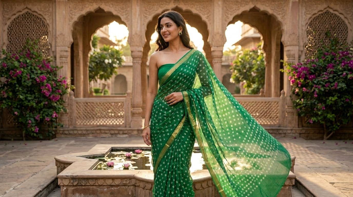 Green Bandhani Viscose Silk Saree with Blouse Piece | Traditional Tie-Dye Saree | Festive & Wedding Wear