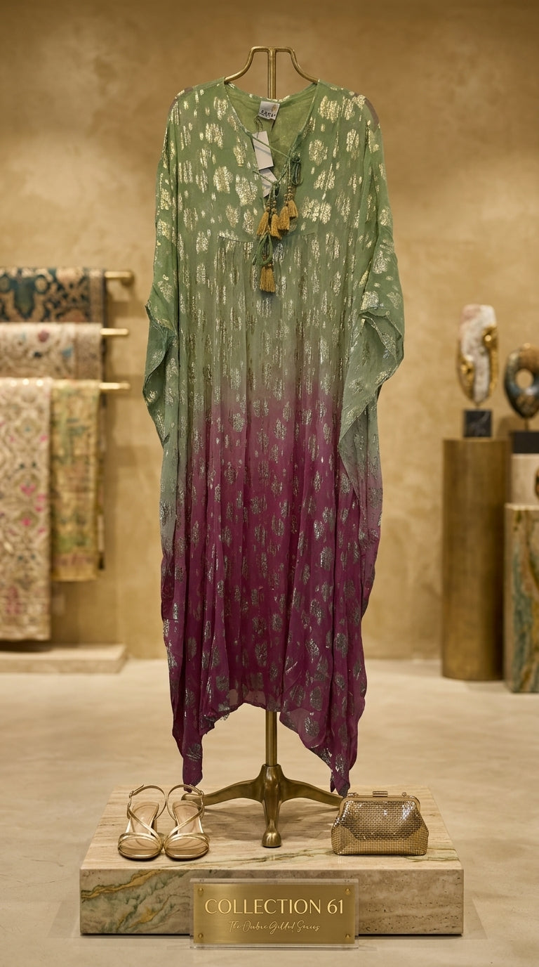 Sage & Rose Ombre Lurex Kaftan —  Tassel Tie, Maxi | One Size