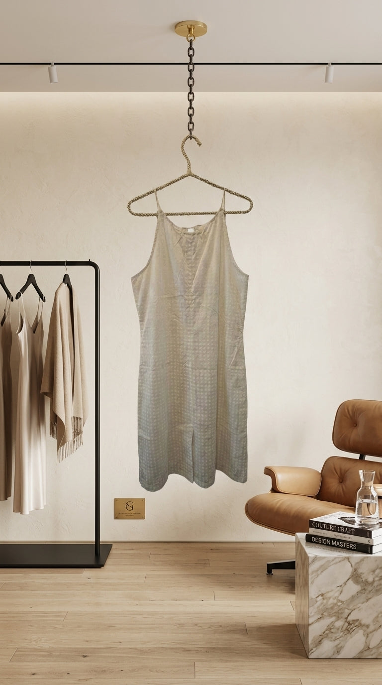 A sleeveless light beige textured dress hangs from a gold hanger suspended from a ceiling chain in a modern, minimalist room with a clothing rack, leather chair, and marble side table.