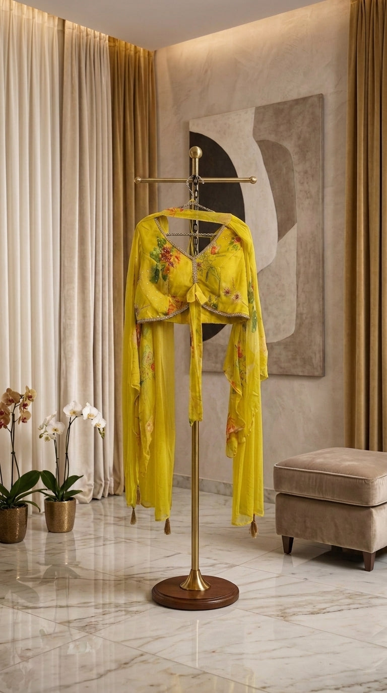 A bright yellow floral-print kimono-style robe displayed on a gold floor stand in a modern, elegant room with beige curtains, marble flooring, and a small ottoman.