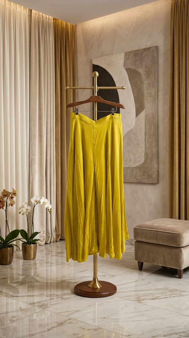 A bright yellow midi skirt displayed on a gold stand in a modern, elegant room with beige curtains, marble floors, and a small upholstered ottoman.